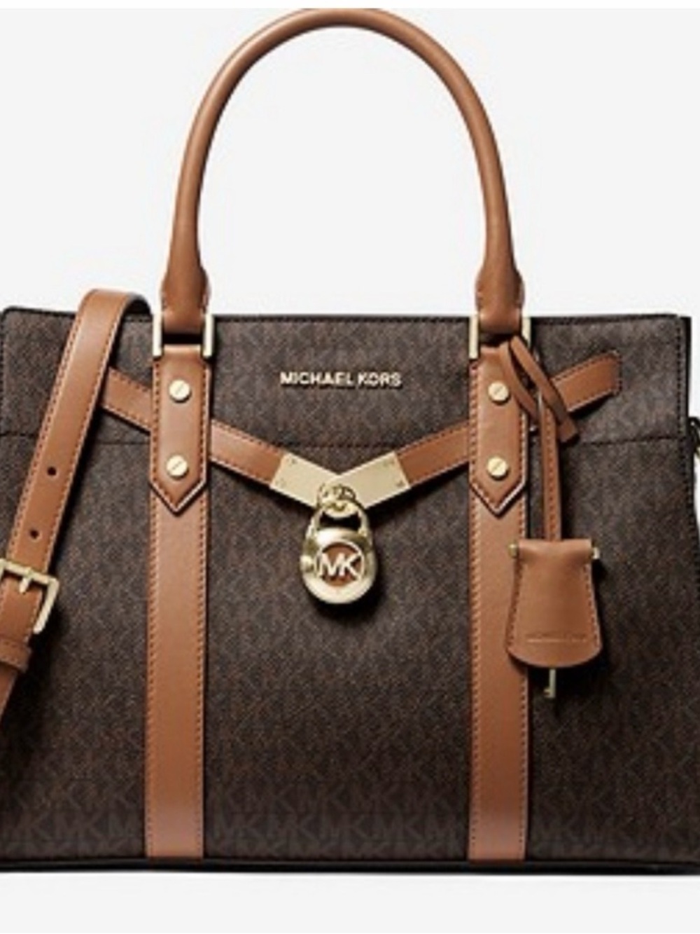 Michael Kors Brown and Tan Logo Satchel with Gold Hardware